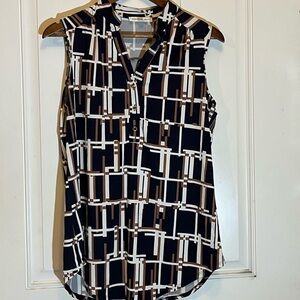 Perseption Concept‎ Navy, Brown & White Geometric Pattern Sleeveless Top NEW